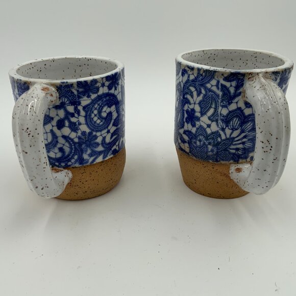 (2) Handcrafted Blue and White Floral Transferware White Speckled Coffee Mugs - Picture 11 of 13